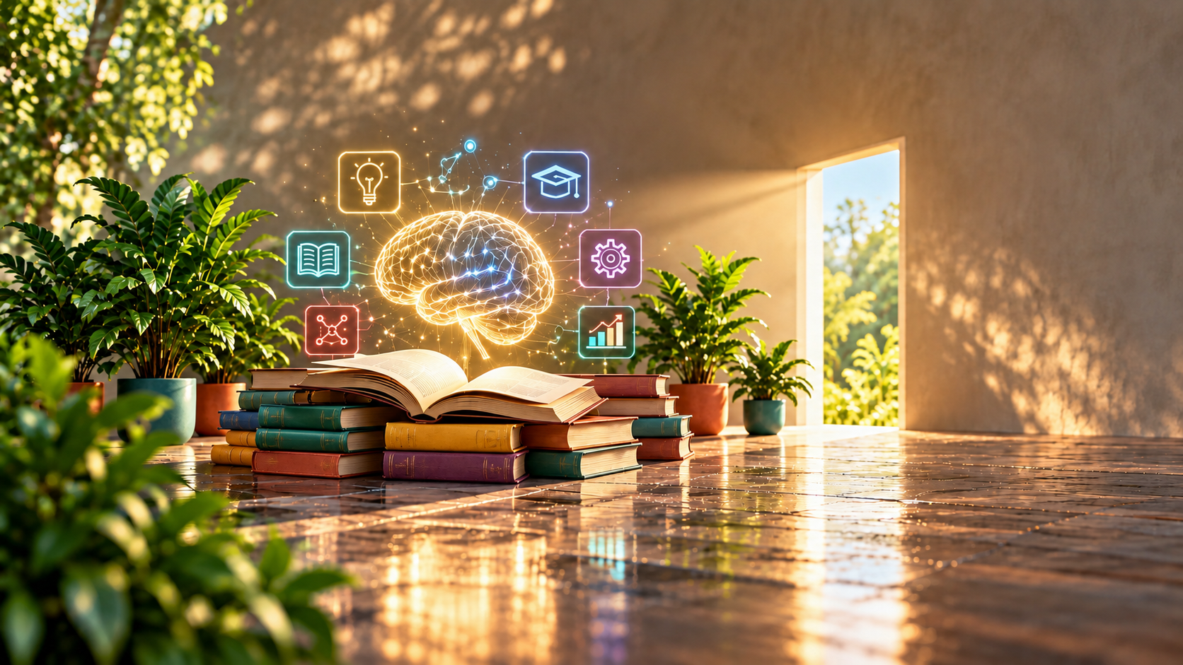 Open books on a wooden table surrounded by potted green plants, with digital icons representing a brain and various learning, data, and technology symbols floating above, in a well-lit room with sunlight coming through an open window.