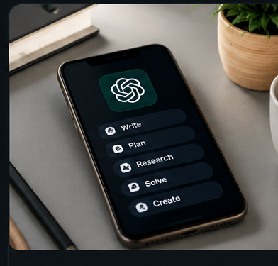 Phone displaying a menu with options: Write, Plan, Research, Solve, Create, on a desk with a notebook, pen, and a plant.