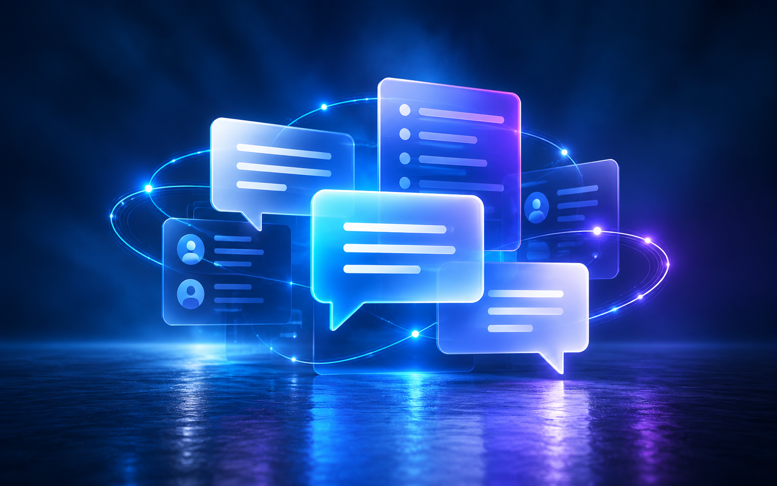 Digital illustration of glowing chat bubbles and user icons representing online messaging or communication, with a futuristic tech aesthetic on a dark background.