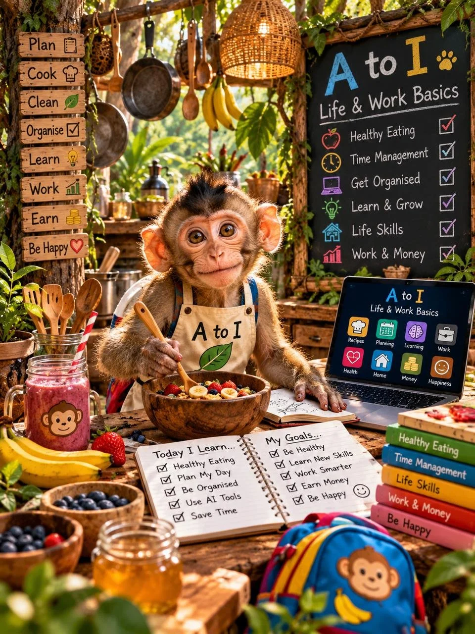 A monkey wearing an apron labeled 'A to I' sitting at a rustic wooden table with bowls of fruit, a notebook, and a laptop displaying a colorful educational chart titled 'A to I Life & Work Basics.' The background features hanging kitchen utensils, bananas, and a chalkboard with checkmarks and colorful icons listing life and work goals like healthy eating, time management, organization, learning and growth, life skills, and money management.