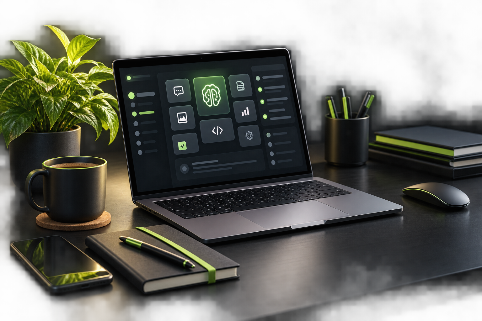 Desk setup with laptop displaying a digital interface, a black notebook with green accents, a black pen, a smartphone, a black coffee mug, a potted green plant, pens in a container, a closed notebook, and a computer mouse, all on a dark surface with a dark background.