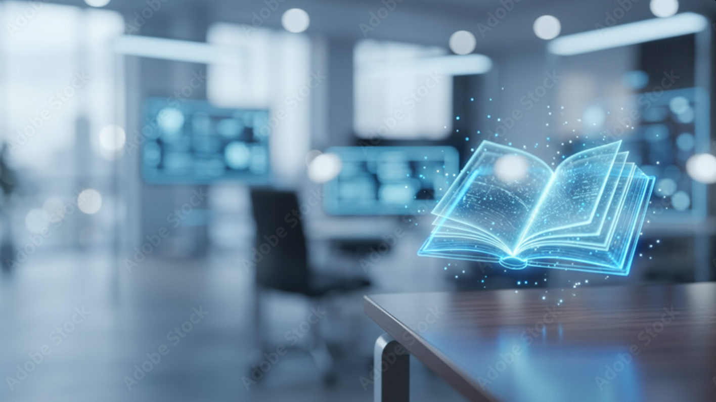 Digital illustration of an open book glowing blue with particles, floating above a table in a modern office or library setting.