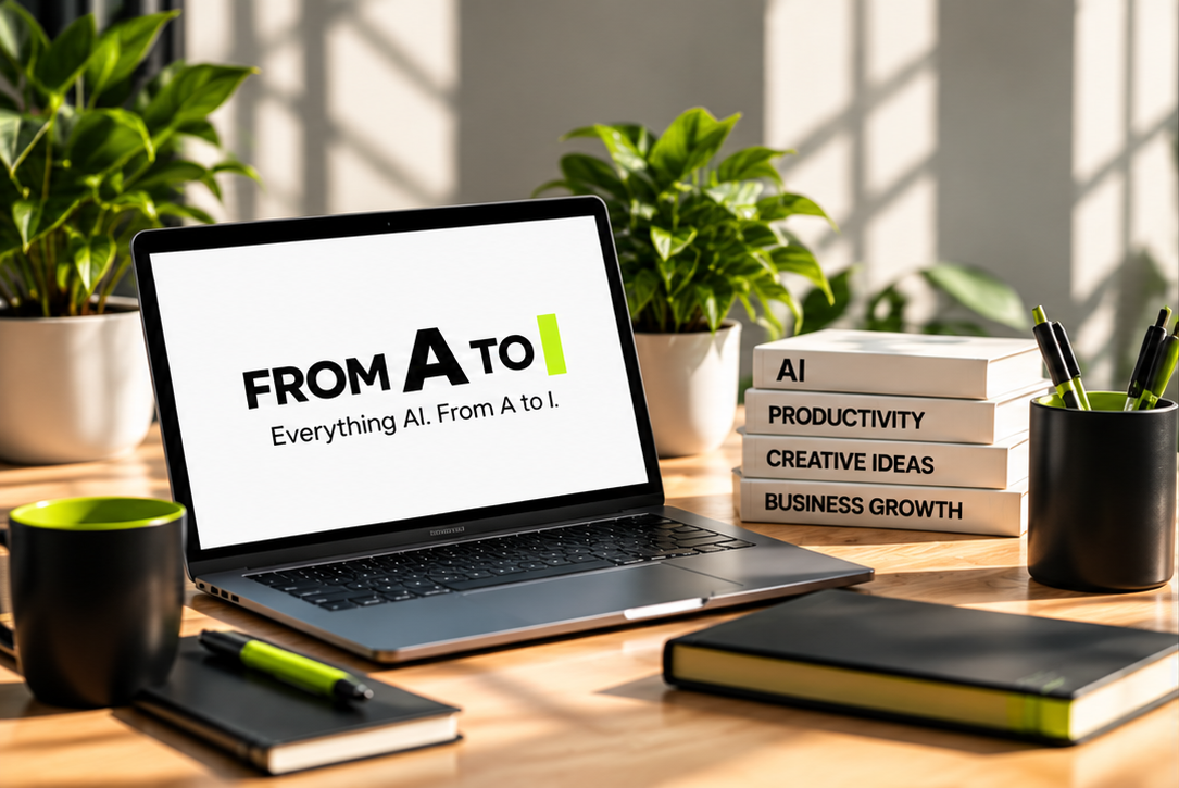 Laptop on a desk with the screen displaying "FROM A TO I. Everything A.I. From A to I." surrounded by notebooks, pens, and potted plants.