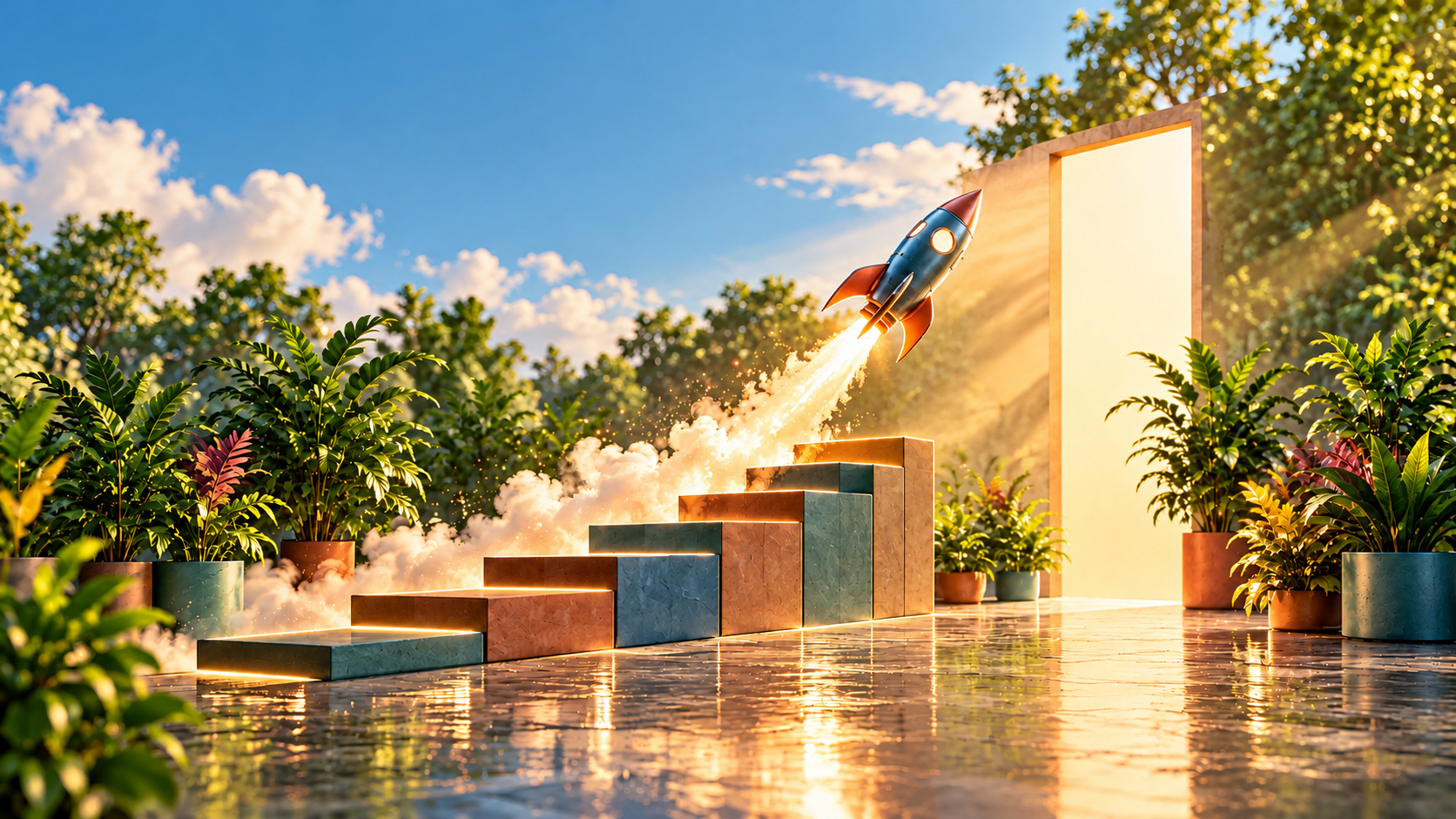 A rocket launch with a rocket taking off from a set of brightly colored stairs, surrounded by lush potted plants, under a blue sky with clouds, with sunlight streaming in.