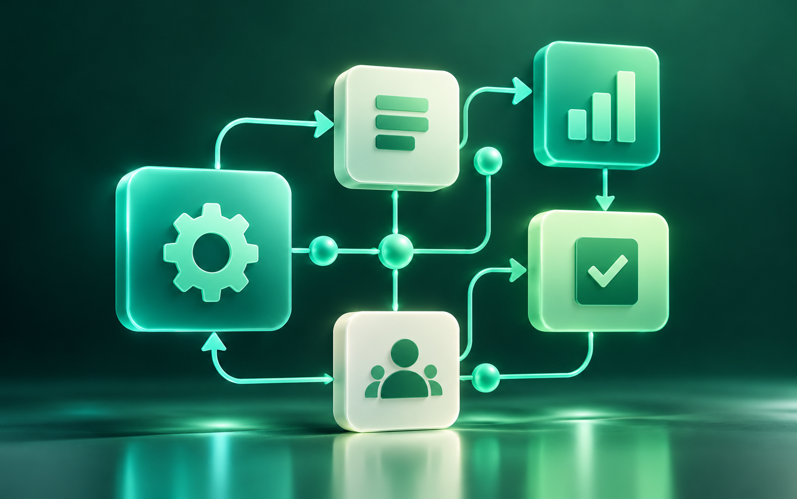 Digital flowchart illustrating process automation with interconnected icons of gear, user group, list, bar graph, and checkmark.