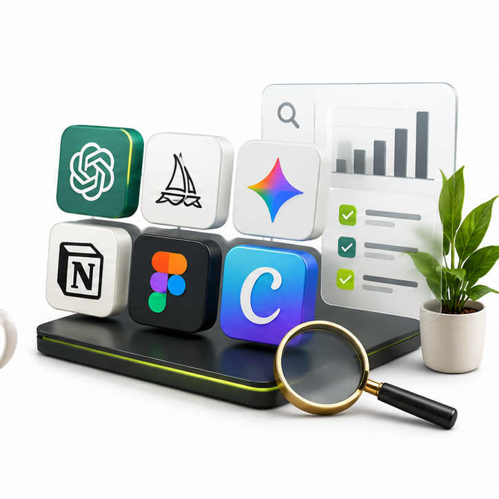 Collection of digital app icons, a potted plant, a magnifying glass, and data charts on a desktop.