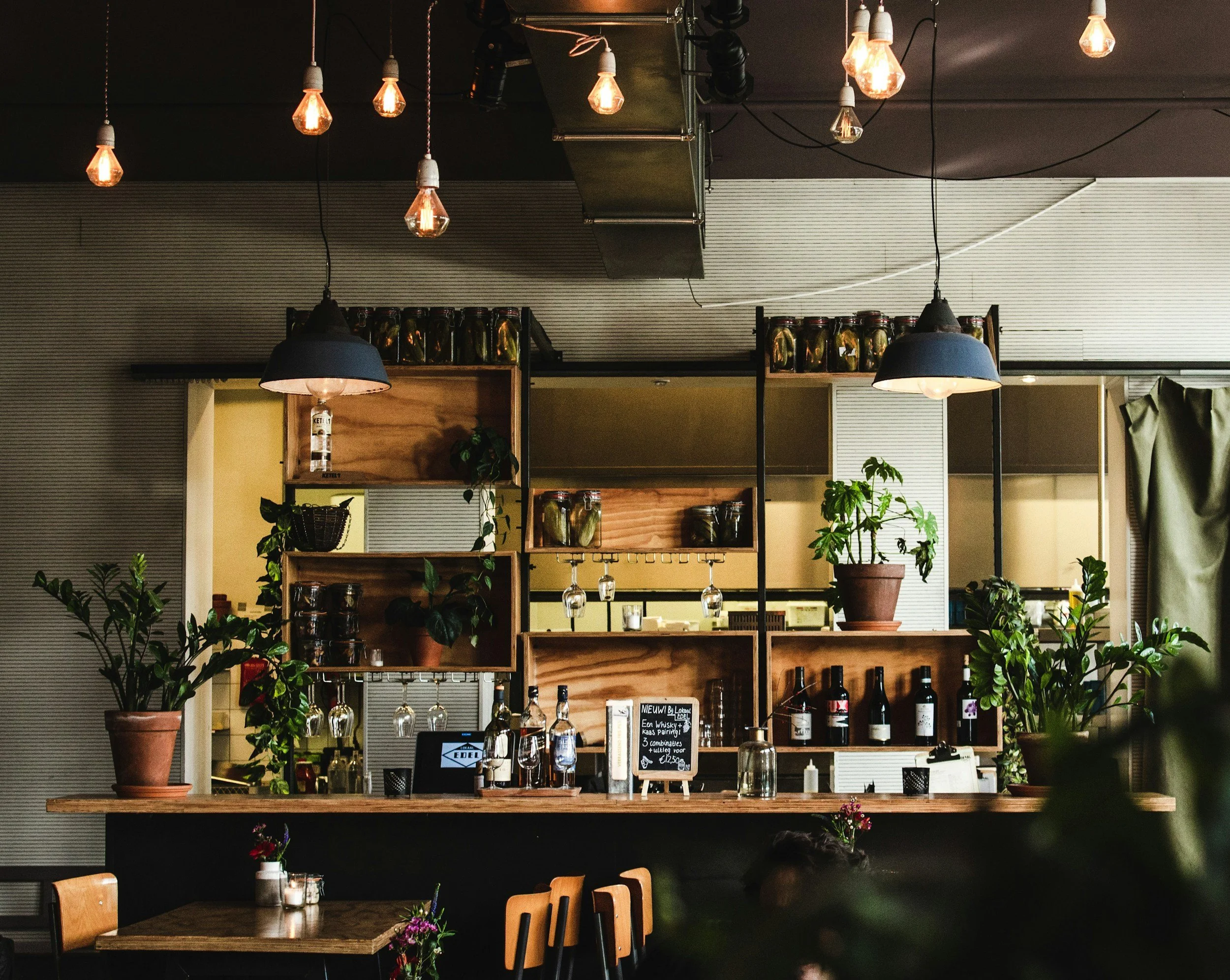 Interior of a modern bar or restaurant with hanging Edison-style light bulbs, wooden shelves displaying jars and bottles, and potted plants on the counter and table.
