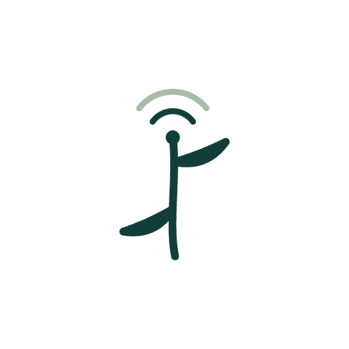 Stylized graphic icon of a wireless signal rising from a wave with a stick figure in front.