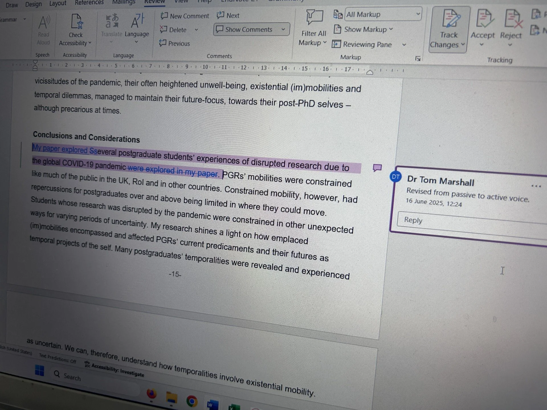 Screenshot of a document being edited with comments and tracked changes visible. The document discusses research on postgraduates' experiences during the COVID-19 pandemic, with highlighted text and a comment from Dr. Tom Marshall dated June 16, 2025.
