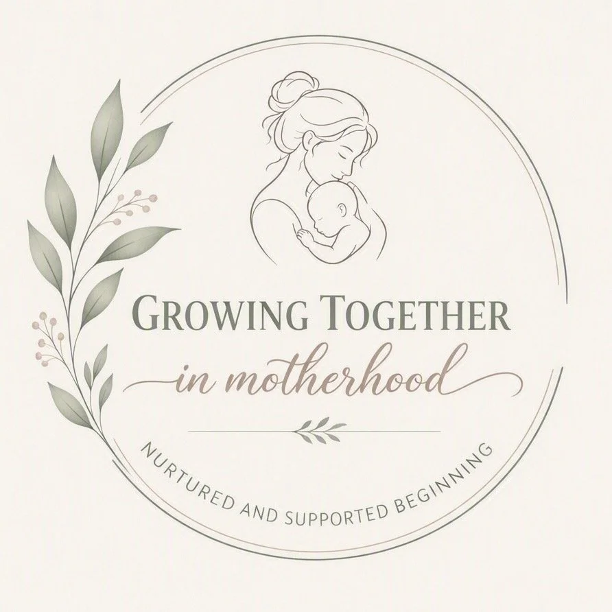 Illustration of a mother holding her baby with a decorative leafy branch and the text 'Growing Together in motherhood nurtured and supported beginning'.