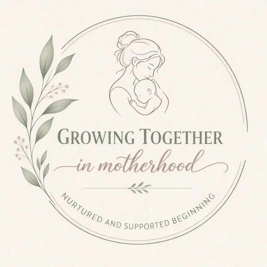 A circular logo with an illustration of a mother holding her baby, surrounded by greenery. Text reads 'Growing Together in Motherhood' and 'Nurtured and Supported Beginning.'