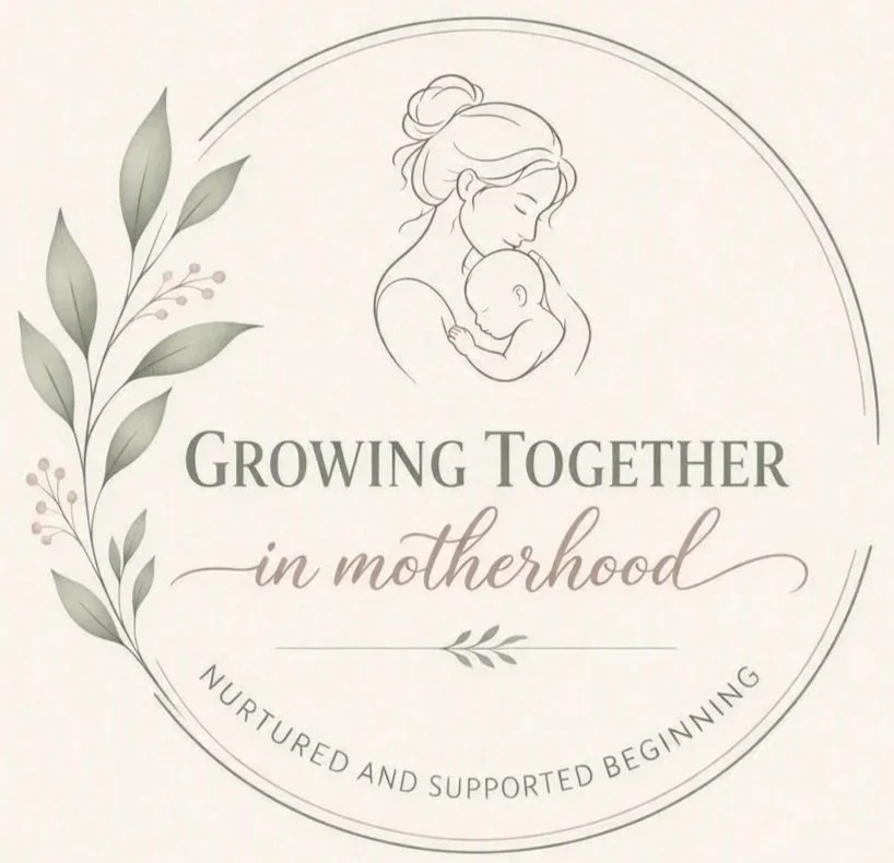 A logo with a line drawing of a mother holding her baby, surrounded by a circular border and leaves on the left. Text reads "Growing Together in Motherhood" and "Nurtured and Supported Beginning".