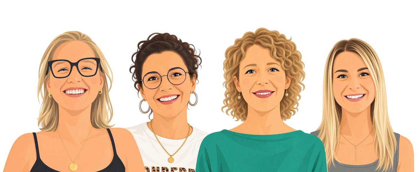 Une illustration de quatre femmes souriantes, portant des vêtements décontractés, avec différentes coiffures et accessoires, se tenant côte à côte contre un fond neutre.