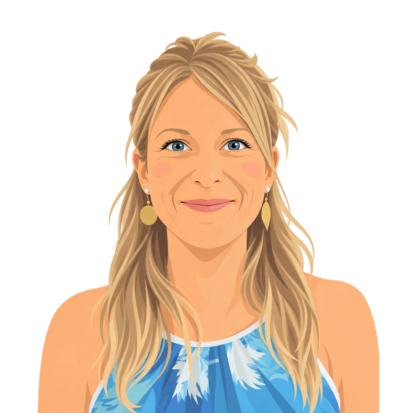 Portrait illustré d'une femme aux cheveux longs blonds, portant des boucles d'oreilles dorées, souriant, vêtue d'une robe bleue avec un motif blanc.