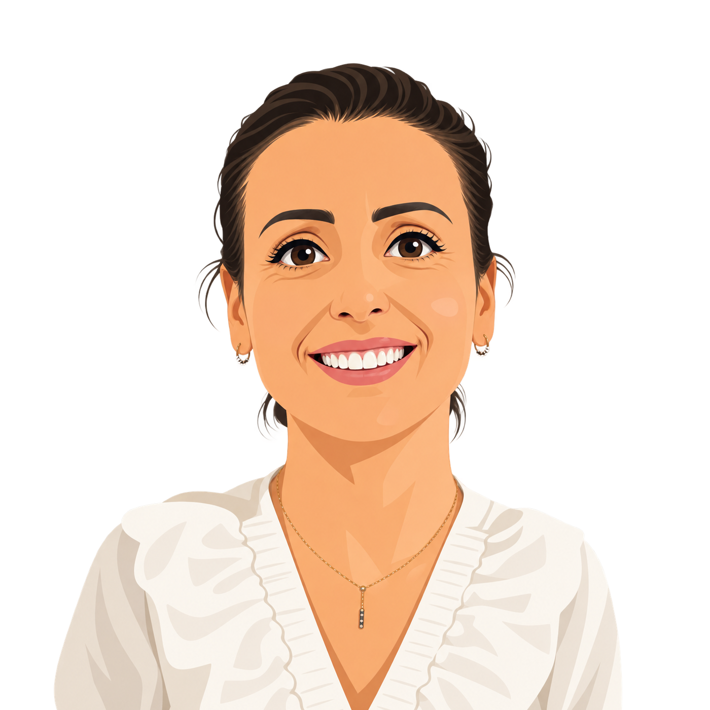 Portrait d'une femme souriante avec des cheveux bruns, portant des boucles d'oreilles, un collier doré avec un pendentif noir, et une blouse blanche ruffled.
