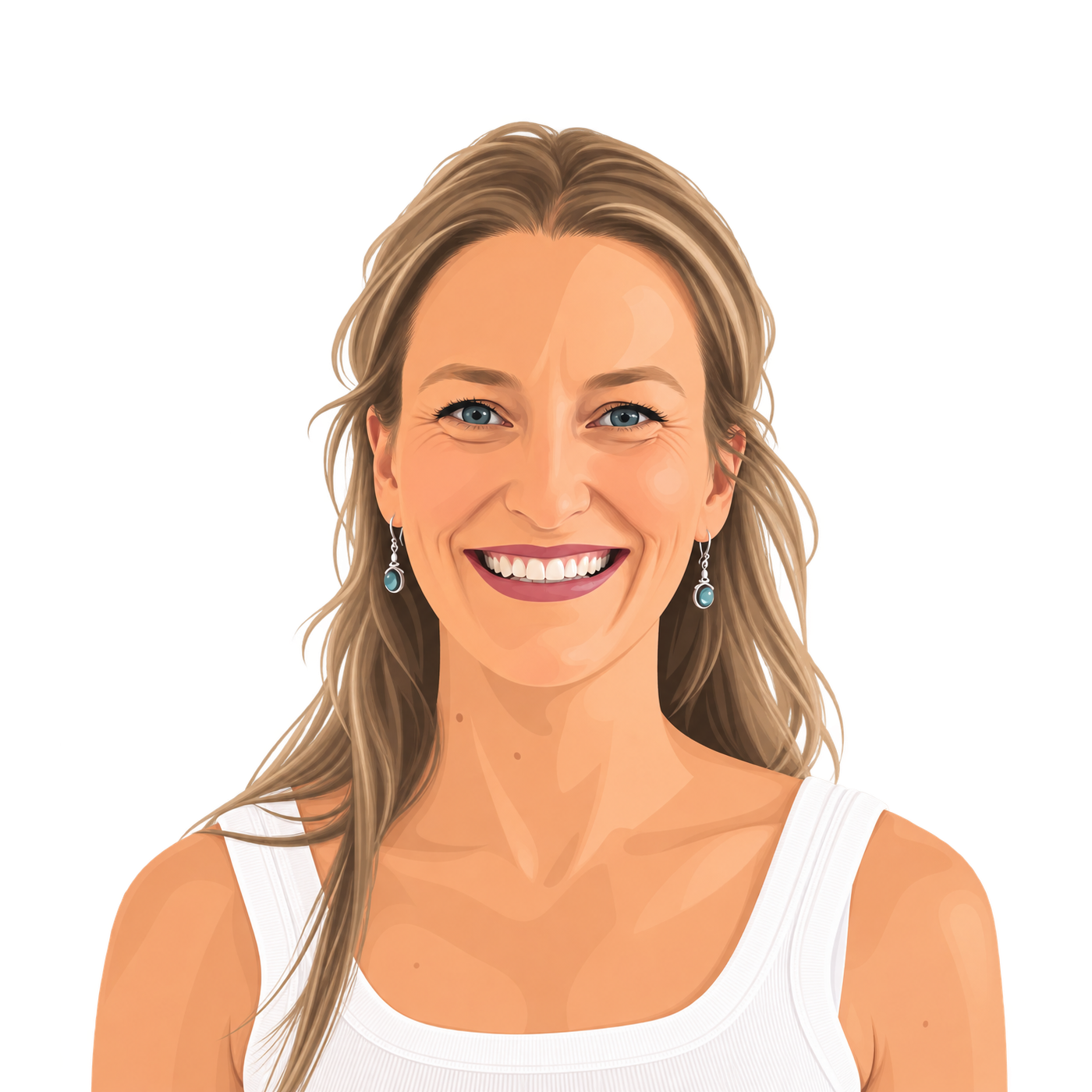 Un portrait de femme souriante avec cheveux longs, portant des boucles d'oreilles turquoise et un haut blanc, en arrière-plan jaune.