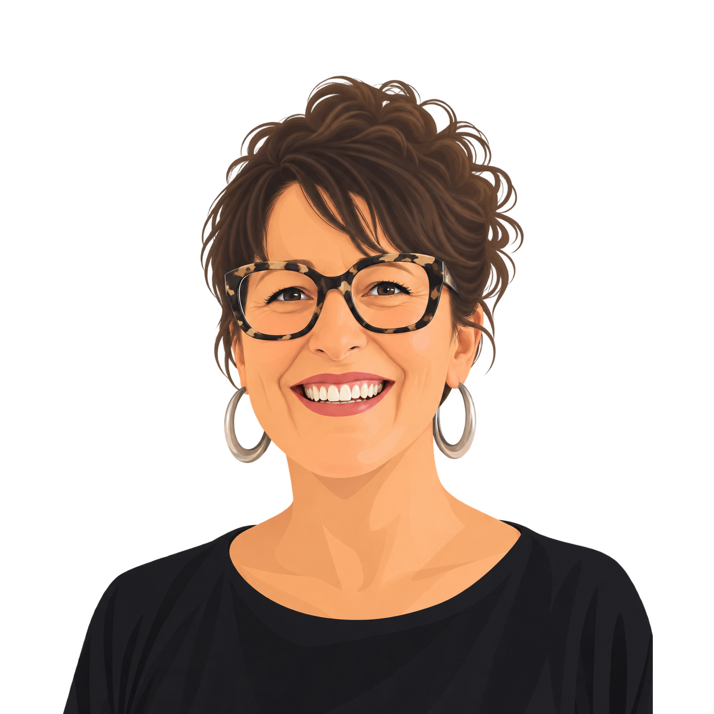 Portrait d'une femme souriante avec des lunettes à motifs zoé, cheveux courts et bouclés, portant de grosses boucles d'oreilles en argent, habillée en noir.