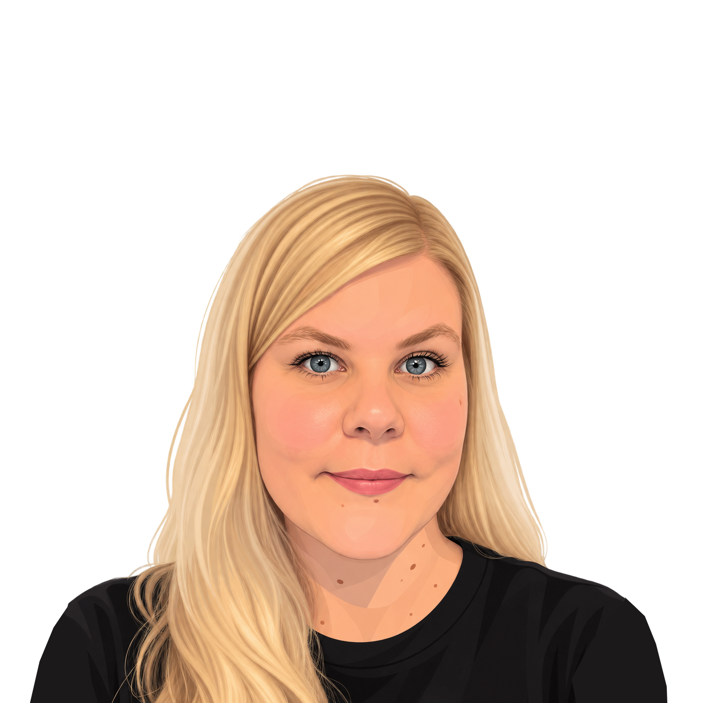 Une femme blonde aux yeux bleus portant un t-shirt noir, regardant vers l'avant, avec un arrière-plan comportant des éléments graphiques jaunes et gris.