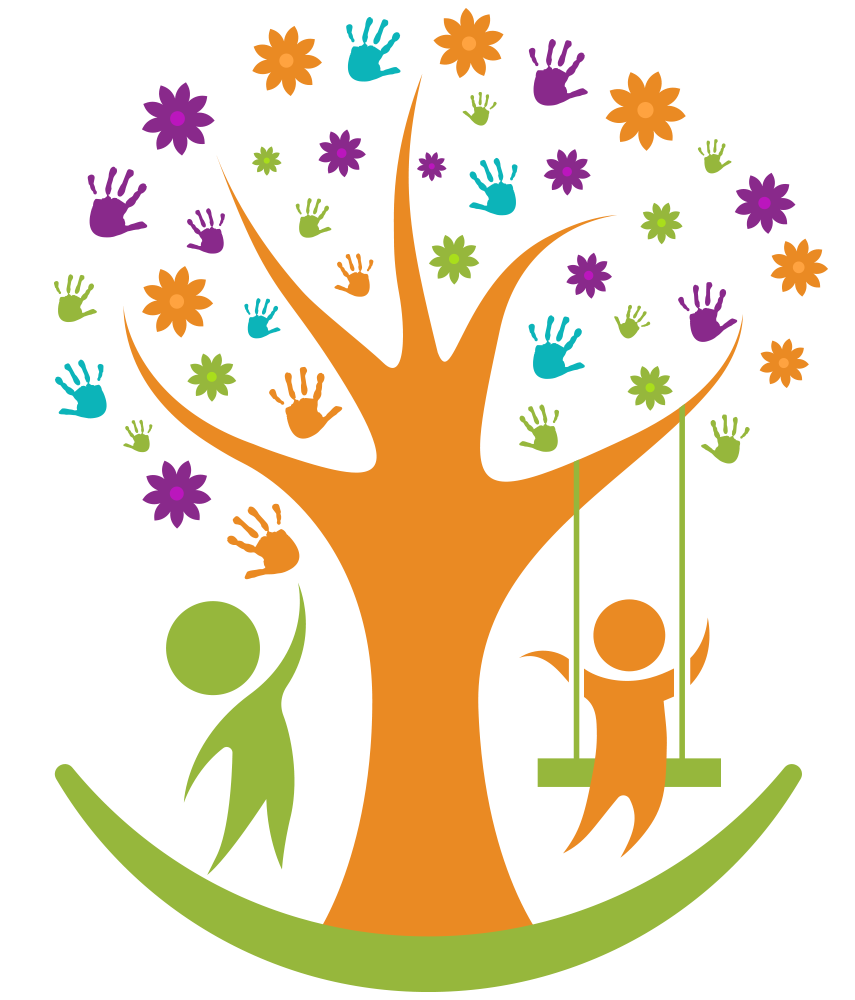 Une illustration d'un arbre aux branches orange, avec des feuilles, des fleurs violettes, oranges, et vertes, et des empreintes de mains de différentes couleurs suspendues à ses branches. Deux figures stylisées, une en vert jouant avec une balle et l'autre en orange sur une balançoire, se tiennent au pied de l'arbre.
