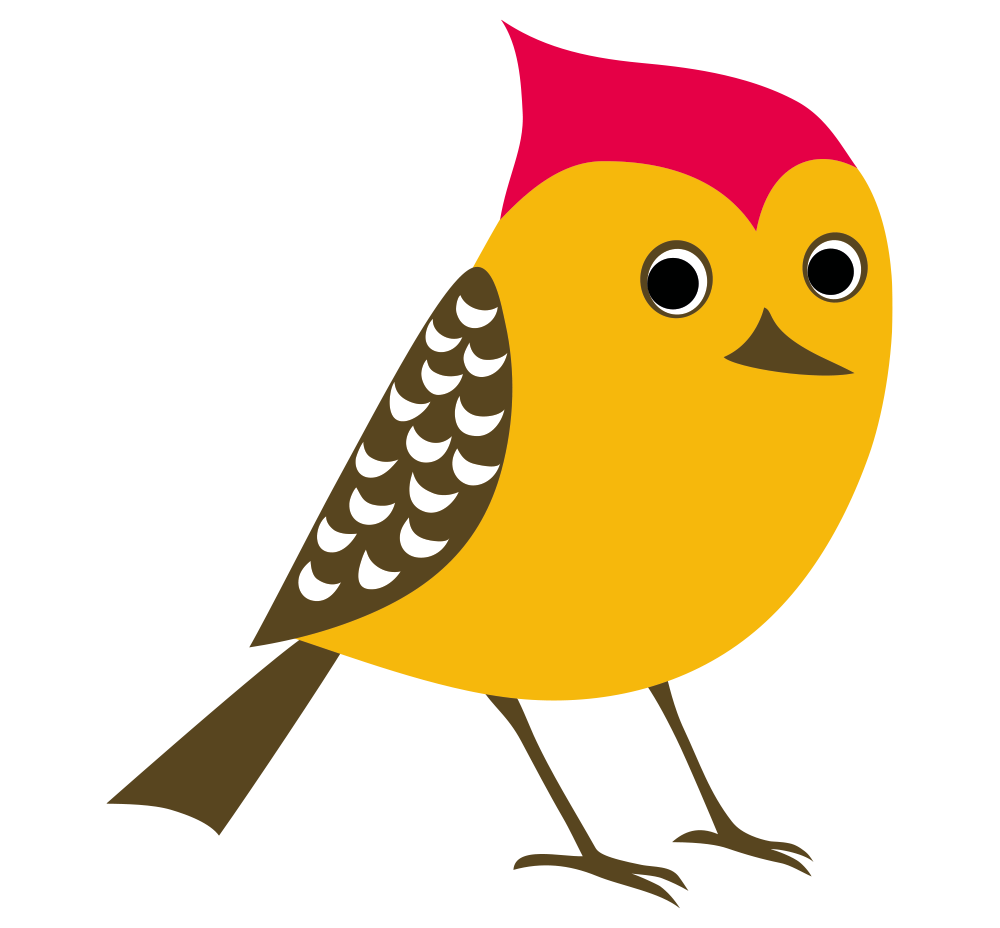 Illustration d'un oiseau avec un corps jaune, une tête rouge, des ailes brunes avec des taches blanches, de grands yeux et un petit bec.