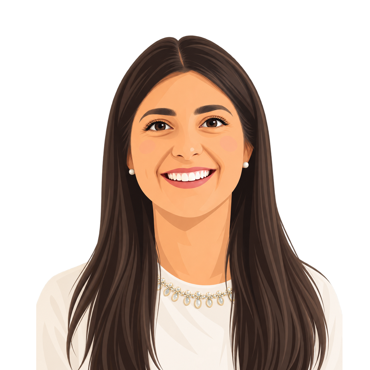 Portrait d'une femme souriante avec longs cheveux bruns, portant des boucles d'oreilles perlées et un collier, vêtue d'une blouse blanche.