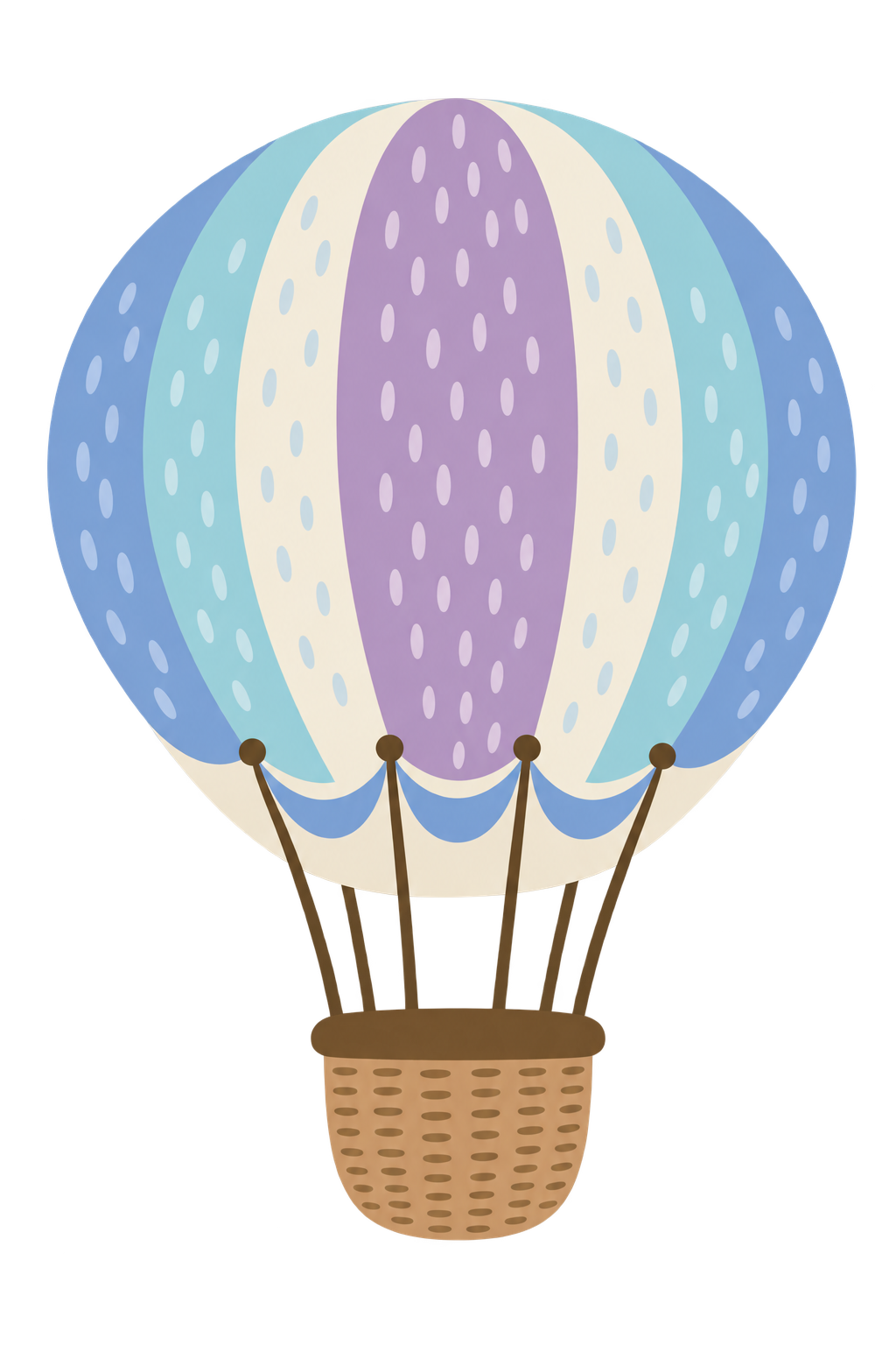 Montgolfière avec un ballon coloré en forme de pastèque, panier en osier suspendu en dessous.