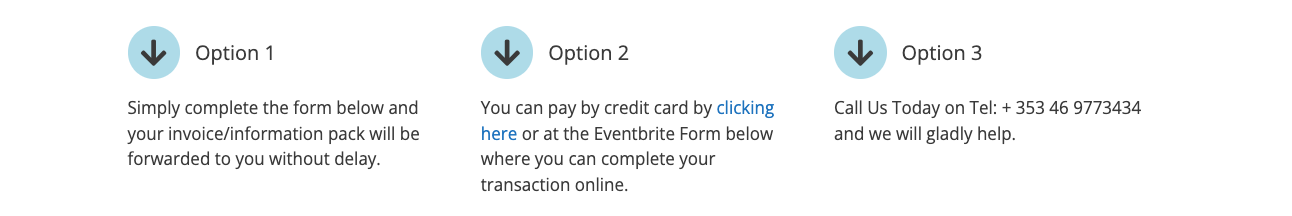 Three options for invoice or payment process, with numbered icons, descriptions for each, and a phone number for assistance.