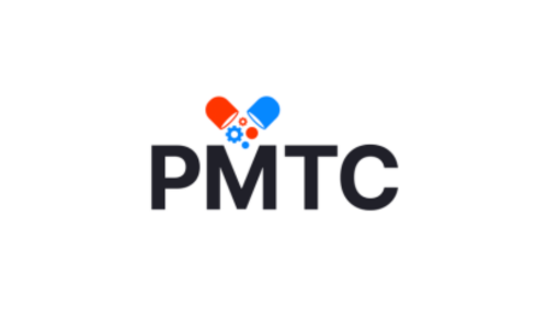 A logo with a red pill capsule, a blue pill capsule, and the text 'PMTC' in bold black letters.