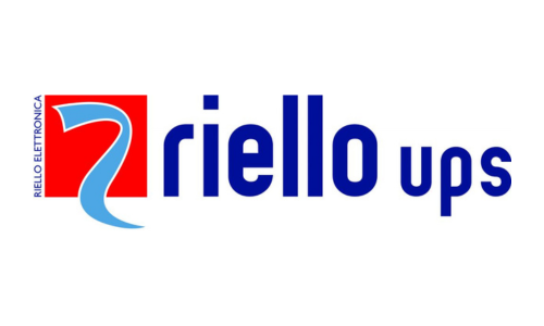 Riello UPS logo with a red square, a blue stylized 'R' with a tail, and the company name in blue text.