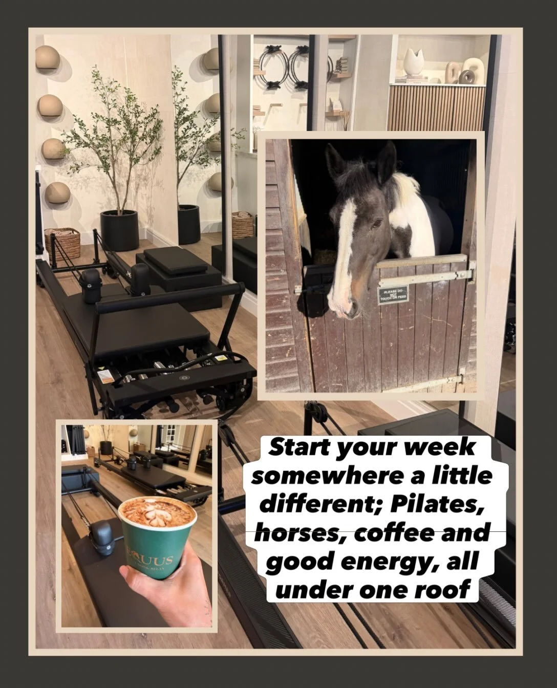 There&rsquo;s nowhere quite like our studio🤍
Where you can start your week with Pilates, horses, great company and a coffee, because why should your workout be just a workout? ☕️🐴

#pilatesstudio #equestriancenter #coffee #horseriding #oneplace