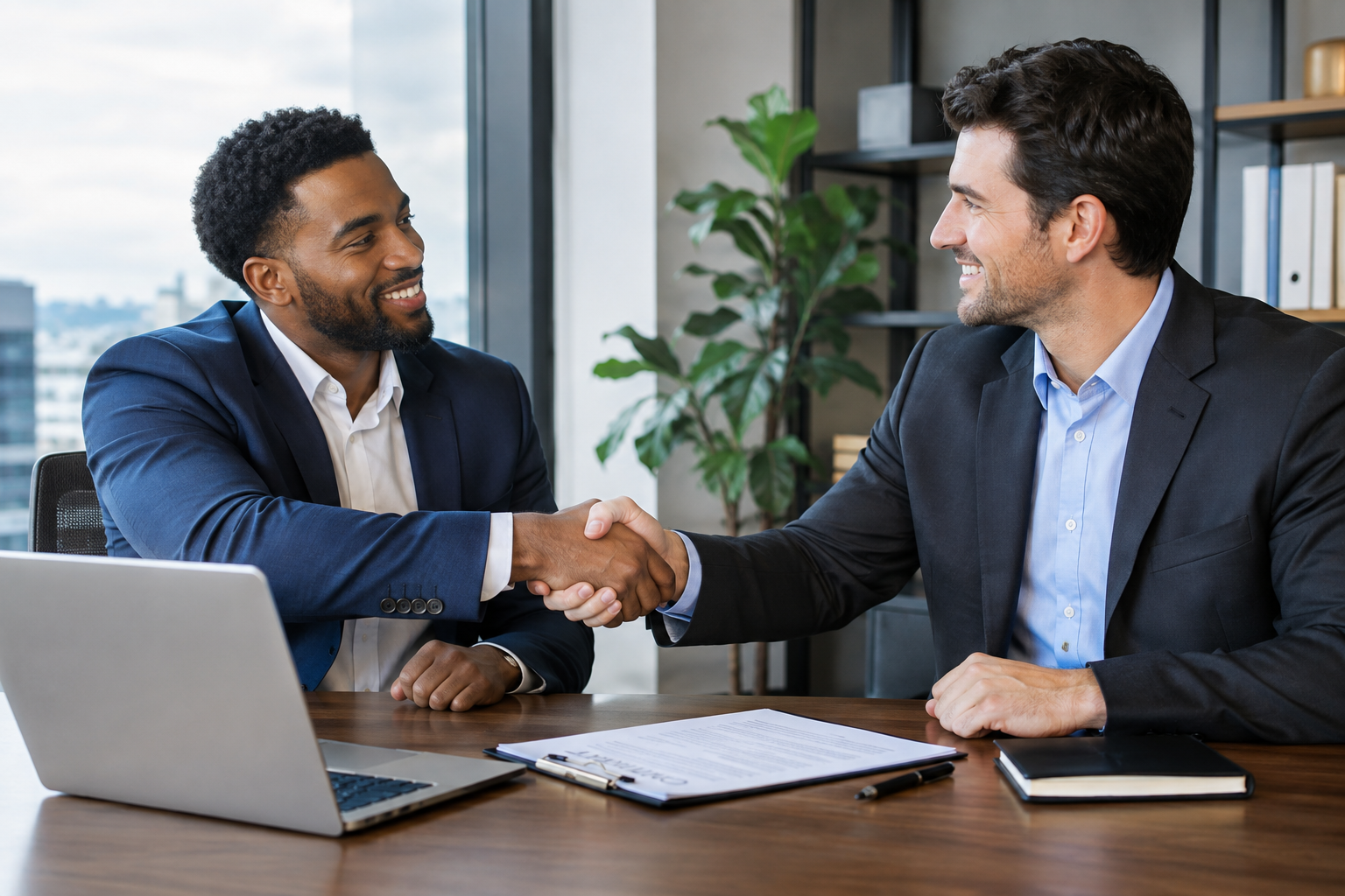 Two businessmen in suits shaking hands in an office, smiling, with laptops and documents on the table.