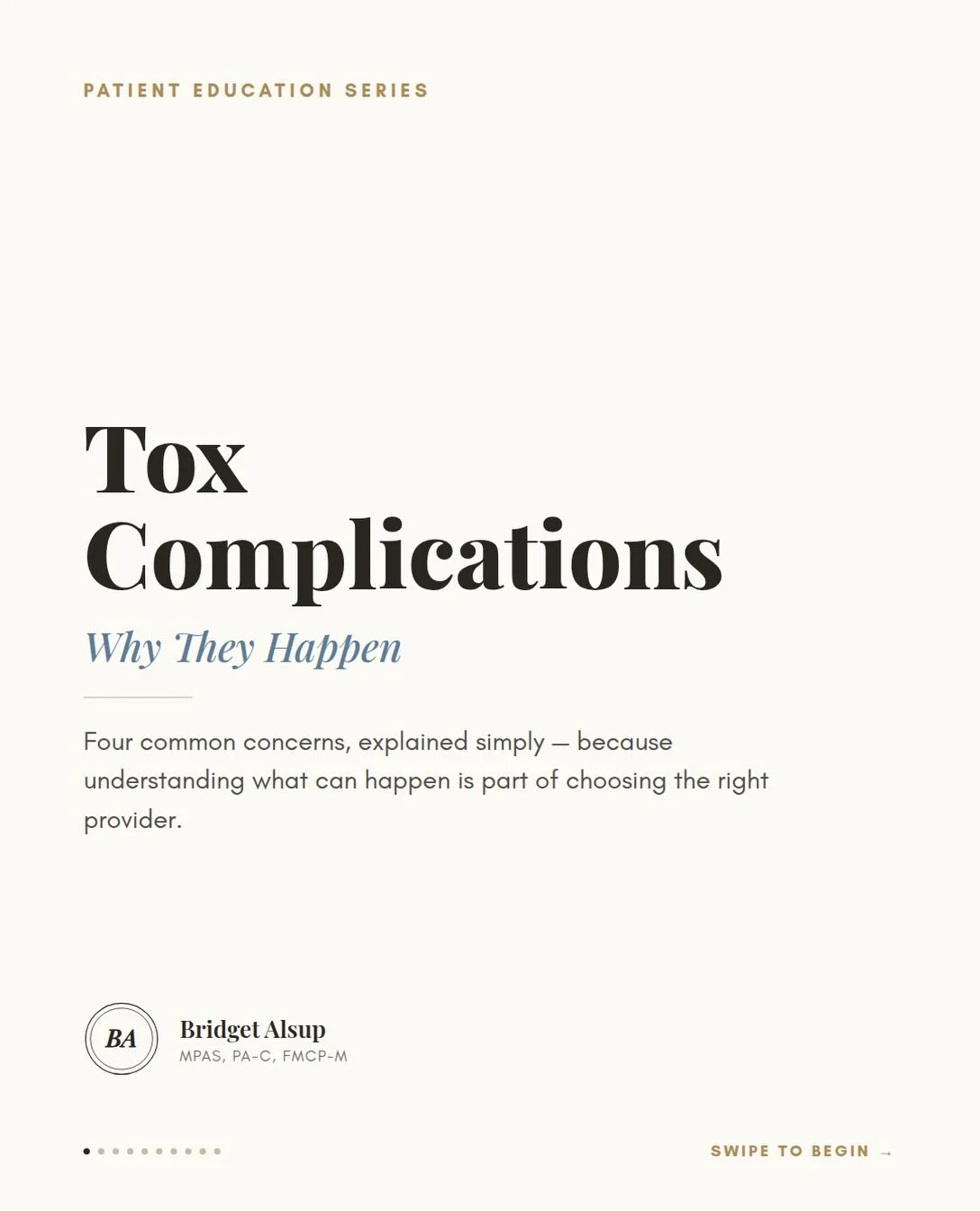 It&rsquo;s so important to have a provider who follows up on your procedural results &mdash; 

like any medical procedure, tox injections carry risks / benefits / potential side effects &amp; complications.  You, as a patient, should be counseled on 