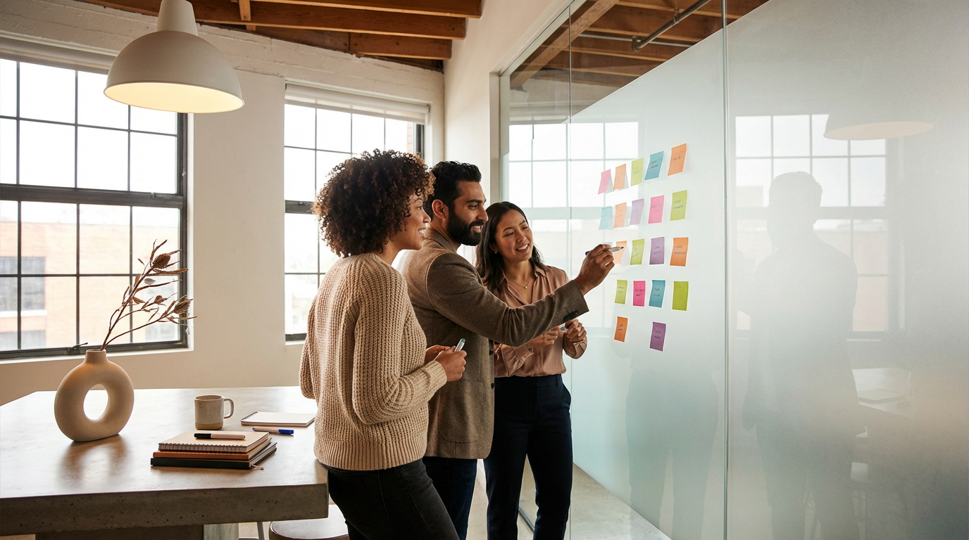 Three colleagues collaborating on ideas using sticky notes in a bright office