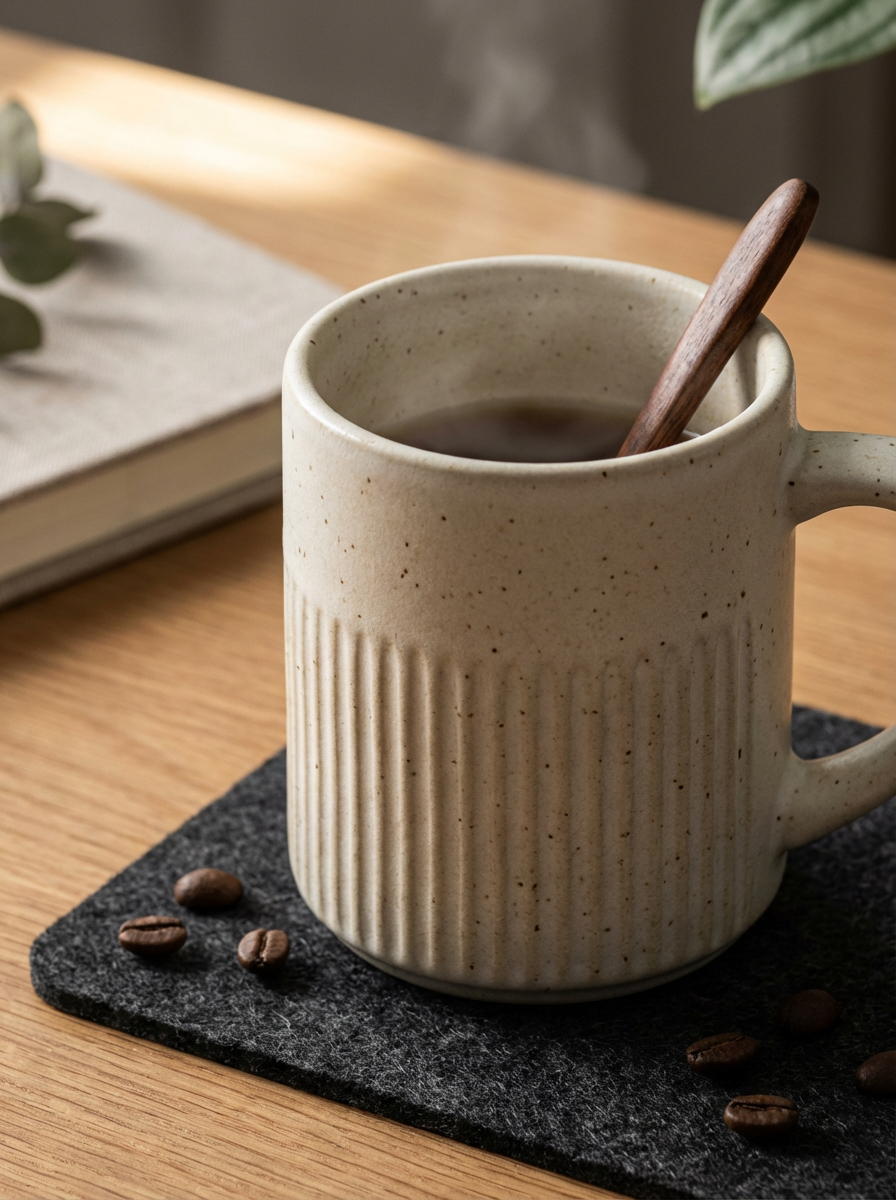 Ceramic mug on a wooden desk in a warm workspace.