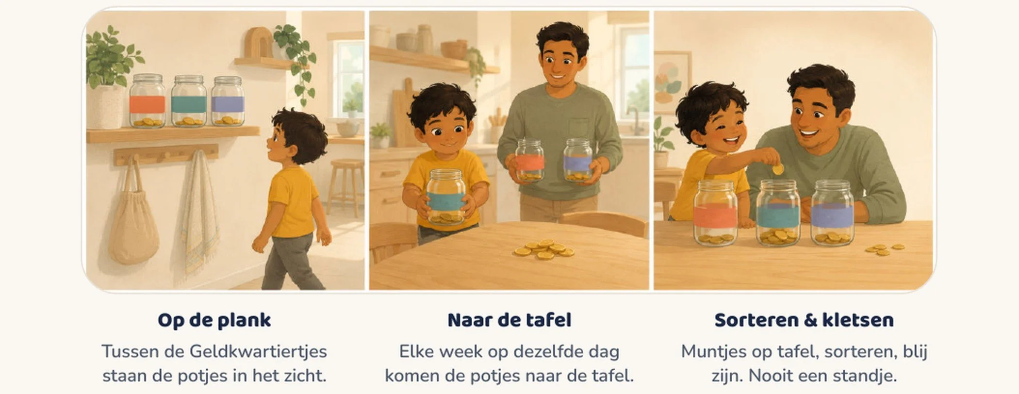 Drie tafereeltjes uit de kit: de potjes op de plank, de potjes op tafel, en een kind dat samen met een ouder muntjes sorteert.