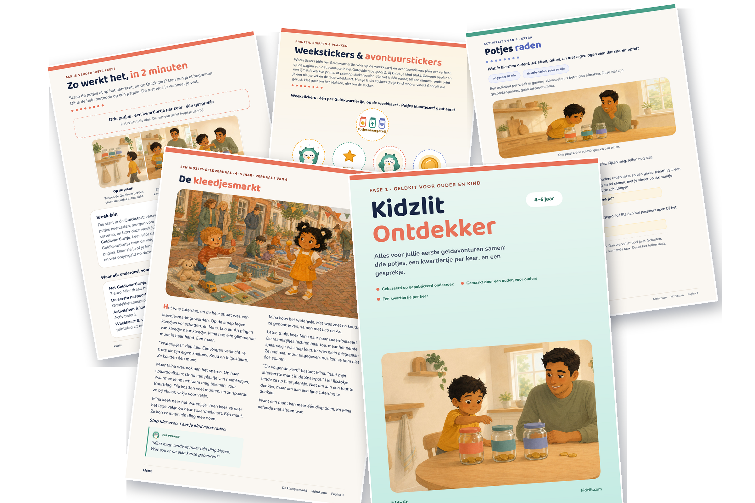 Vijf uitgeprinte pagina's uit de Kidzlit Ontdekker-kit over elkaar: de kaft, een verhaalpagina, de pagina met het weekritme, het stickervel en een activiteitenpagina.