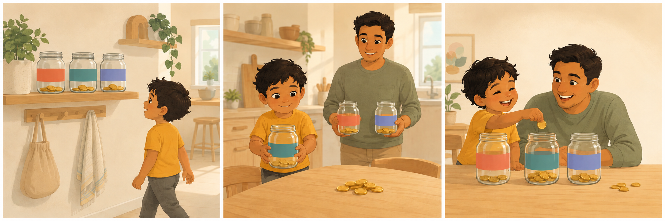 Drie tafereeltjes: de drie potjes op een plank, een ouder en een kind brengen de potjes naar de keukentafel, en het kind laat een muntje in een potje vallen terwijl de ouder meekijkt.