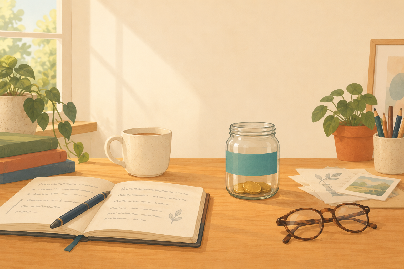 Een bureau met een opengeslagen notitieboek, een bril, een kop koffie en één potje met muntjes.