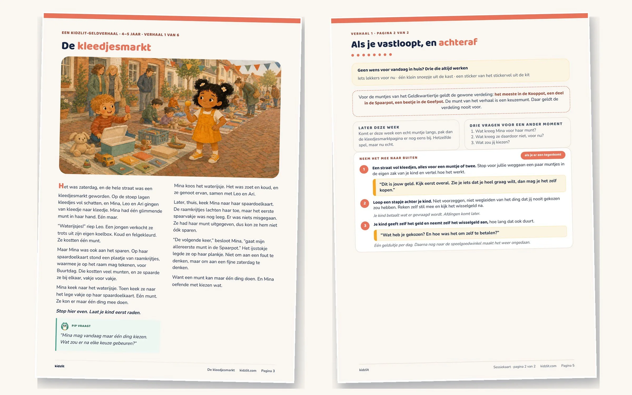Twee pagina's uit de kit naast elkaar: het verhaal De kleedjesmarkt en de pagina met de vragen die je erna stelt.