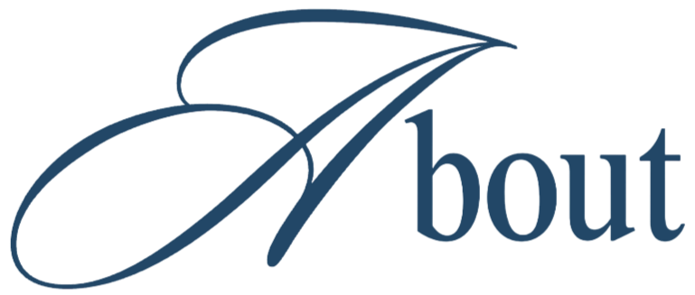 The image displays a logo with the word 'About' in stylized font, featuring a feather or quill graphic integrated into the design.