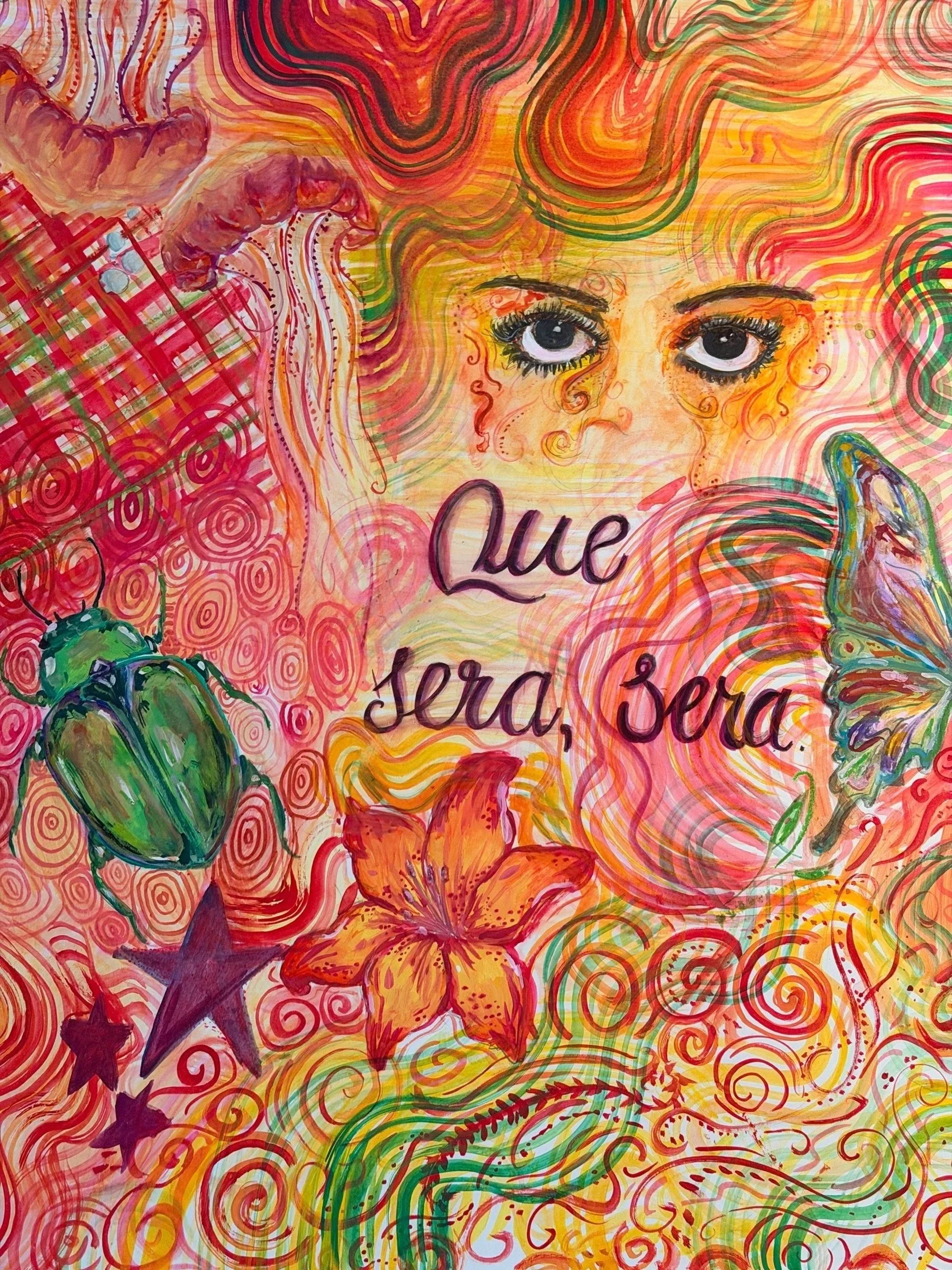 SELF-PORTRAIT (QUÉ SERÁ, QUÉ SERÁ). Watercolor on paper. 18×24". A self-portrait dissolved into pattern. The face occupies the upper left, surrounded by swirling hair, plaid, spirals, a lily, a beetle, and a star, with the phrase Que será, será lette