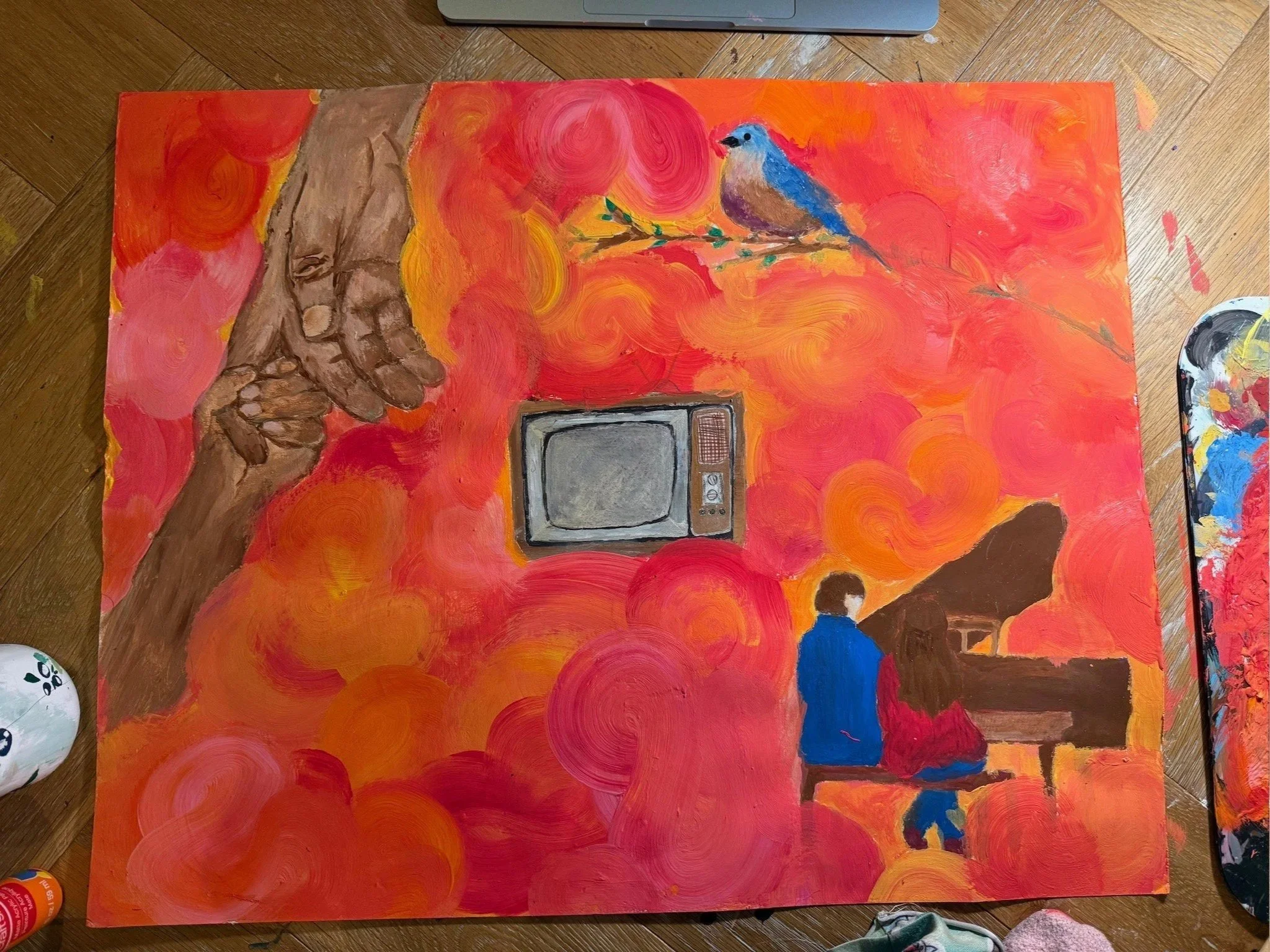 MEMORIES. Acrylic on canvas. 30×40". Two clasped hands reach in from the upper corner, a vintage television floats at the center, a bird perches on a bare branch, and below, a figure in blue carries another on their back — all set against swirling cl