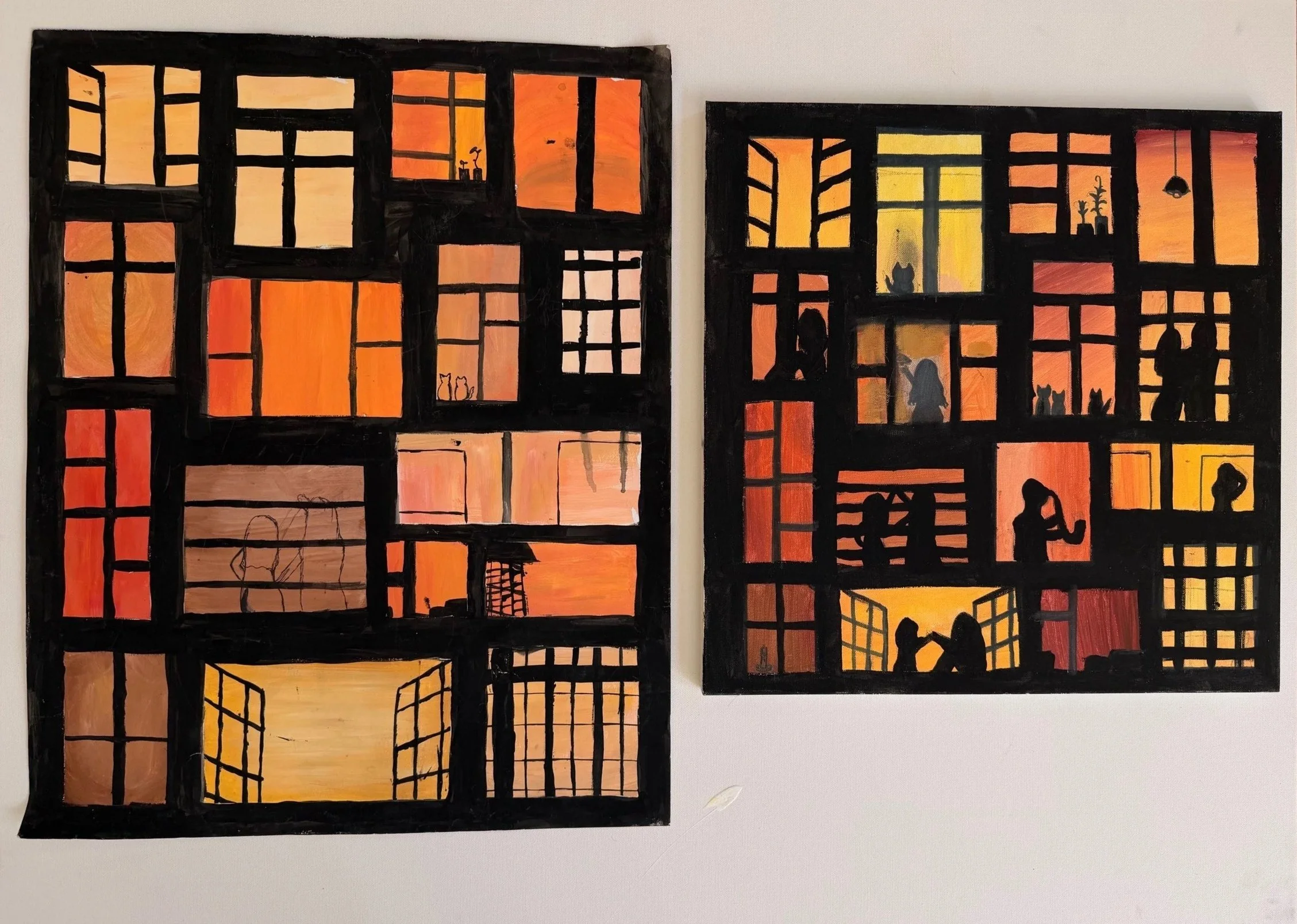 WINDOWS, BEFORE AND AFTER (DIPTYCH). Acrylic on canvas, two panels. 16×20" each. Two panels of a window grid at sunset. In the first, the lit windows are empty, painted in amber, orange, and brown behind heavy black mullions. In the second, the same 