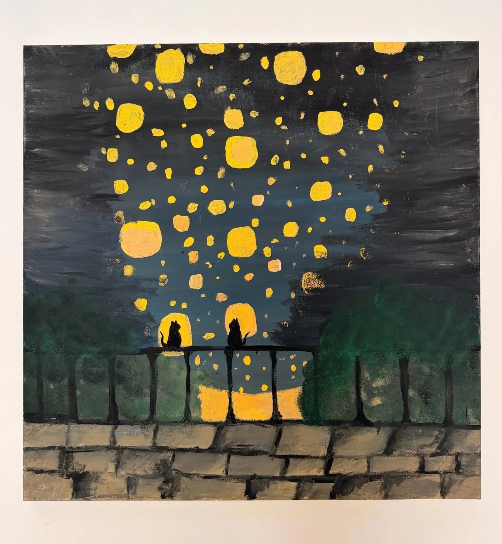 LANTERNS. Acrylic on paper. 20×20". Floating lanterns drift on dark water beneath a stone bridge, their yellow light scattering into reflections across the surface. A nocturne: the whole value range is held low so the small points of amber read as th