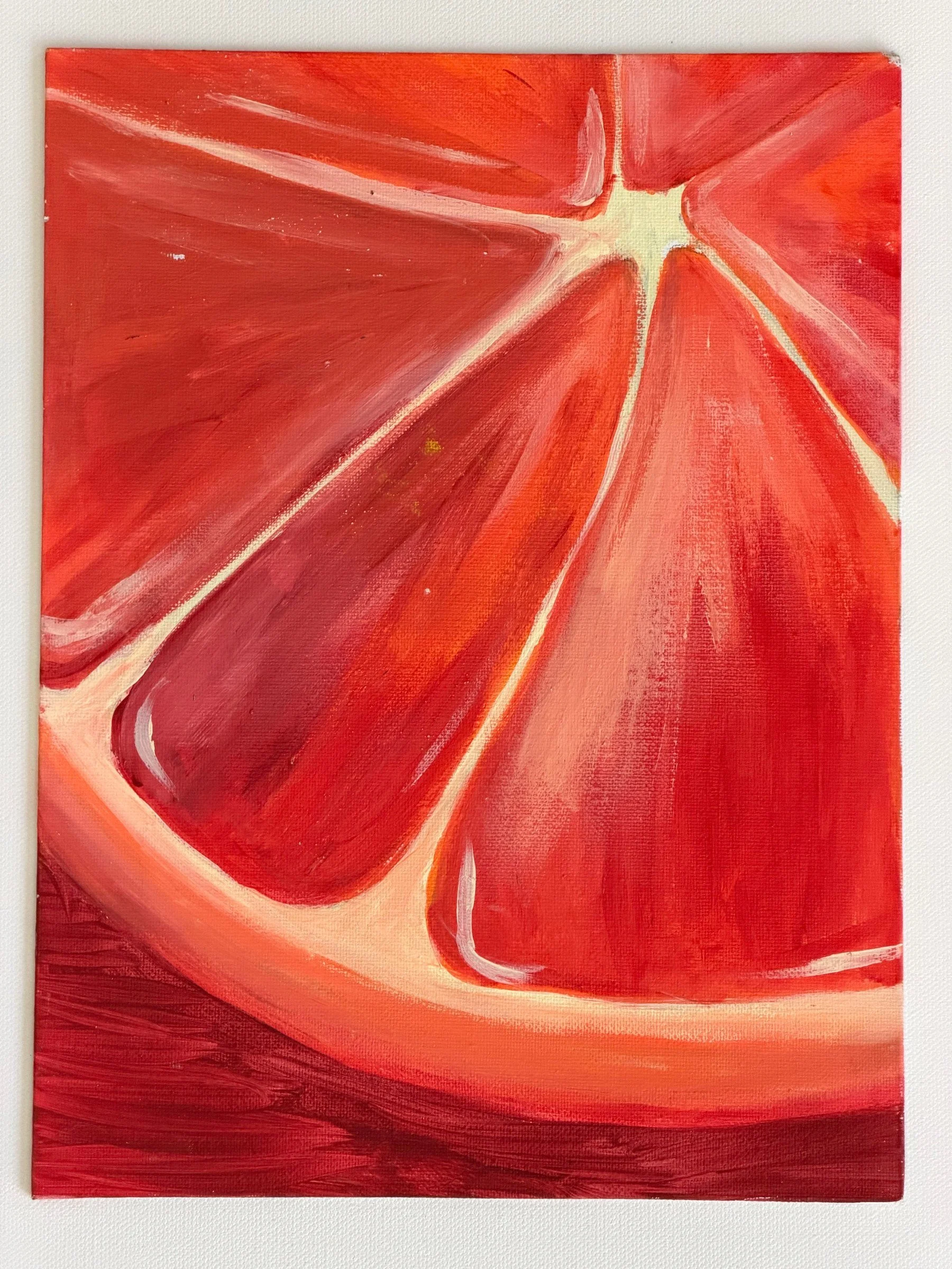BOTANICAL CLOSE-UP. Acrylic on canvas. 9×12". A blood orange slice cropped so tightly that the segments run off all four edges. Saturated reds and pinks throughout, with the pale pith drawn as thin, light lines separating each wedge. Scale and croppi