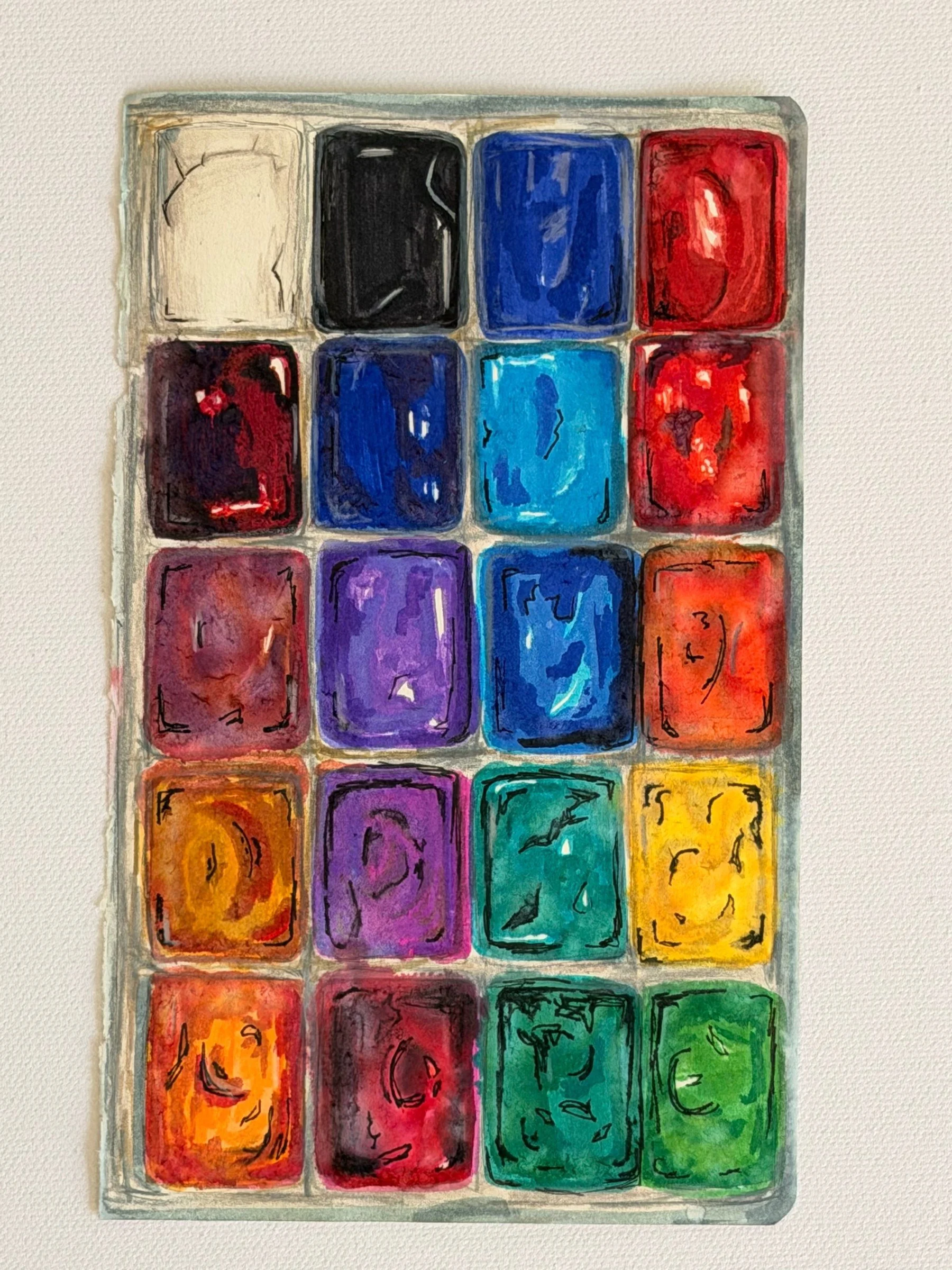 PALETTE. Watercolor and graphite on paper. A watercolor pan set painted from life: twenty wells of color in a grid, each rendered as a glossy block of pigment. It works as both a color chart and a still life of the artist's own tools.