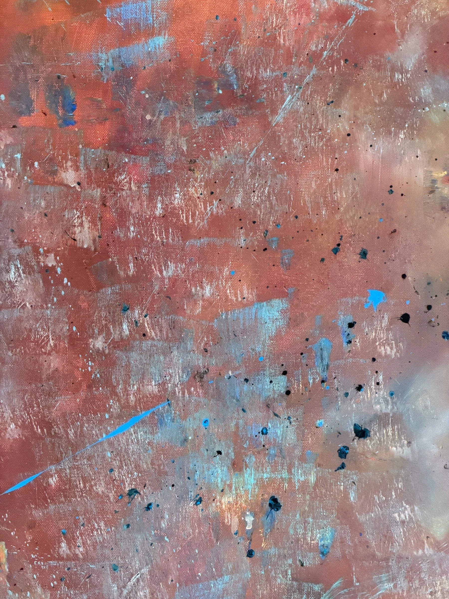 COLOR-RELATIONSHIP STUDY. Acrylic on canvas. 12×12". A non-representational field of copper, rust and pale blue, scraped and dragged so the lower layers show through, with flecks of black and turquoise scattered across the surface.