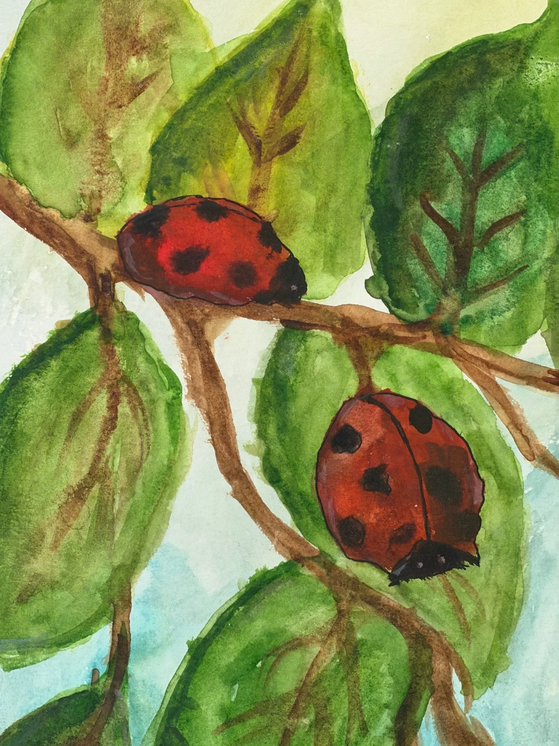 LADIES BRUNCH. Watercolor on paper. 9×12". Two ladybugs on a branch among green leaves, painted in watercolor with visible washes and dry-brush veining in the foliage.