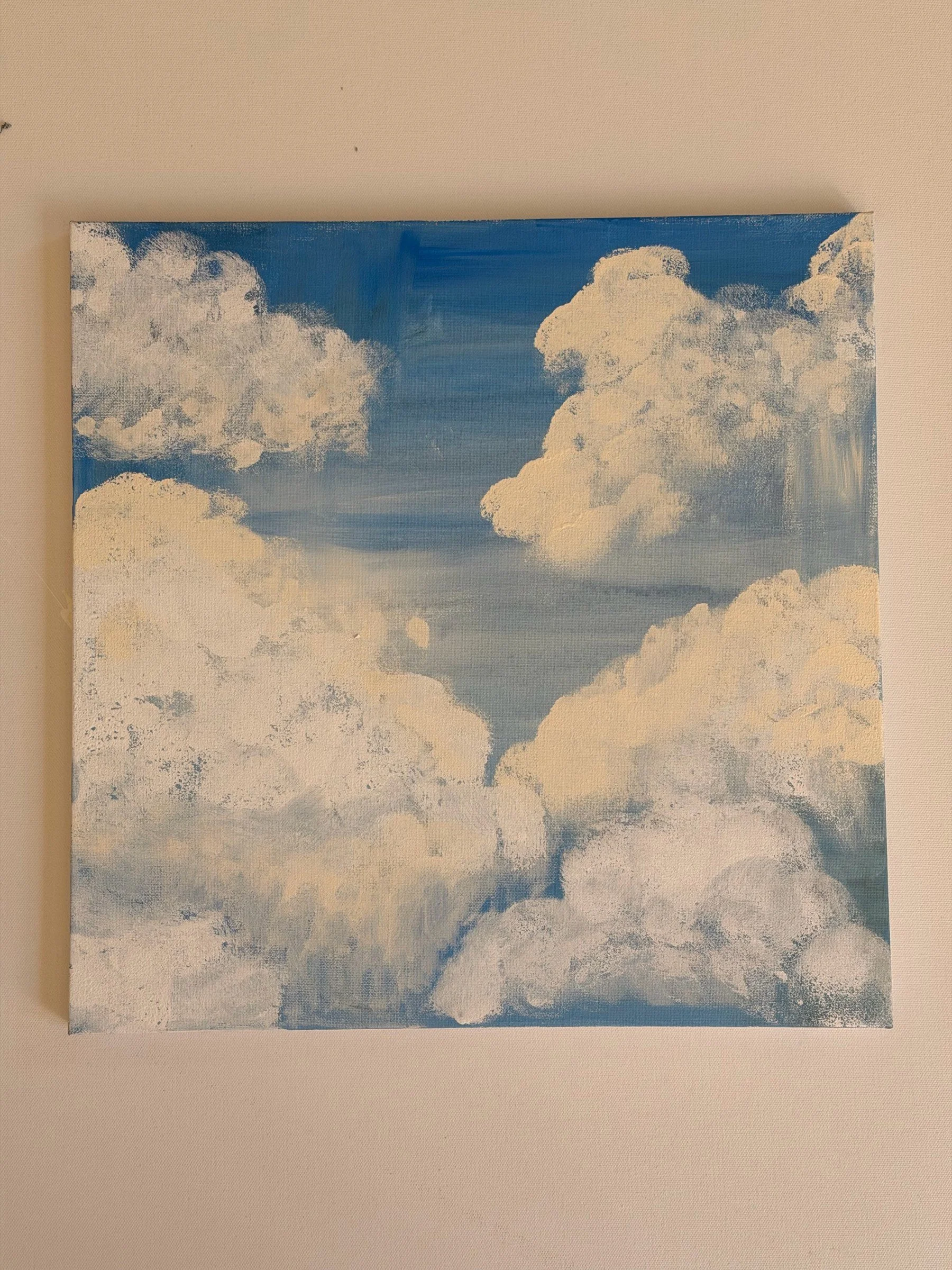 WATER PIECE  (CLOUDS). Acrylic on canvas. 16×20". Cumulus clouds built up in white and cream over a blue sky, with dry-brush and scumbled edges giving the masses their weight.