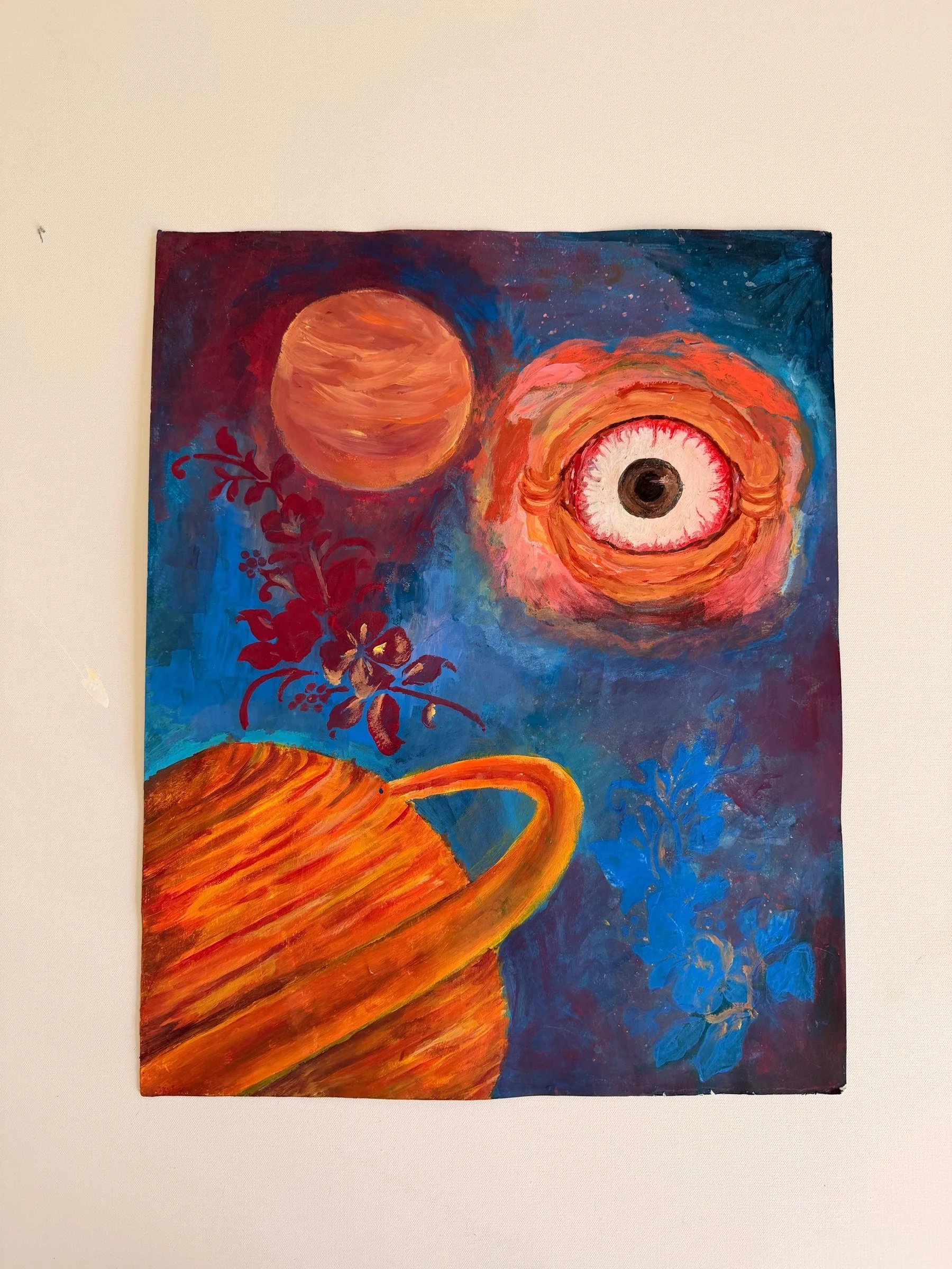 PROTECTING EYE. Acrylic on canvas. 16×20". A large eye set in a ring of orange flesh watches over a cosmic field. A ringed planet rises in the lower left, a red moon hangs above it, and coral and blue flowering forms drift through deep blue space. 